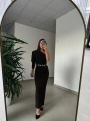 My 3828 Tek Omuz Kendinden Kemerli Kahve Elbise