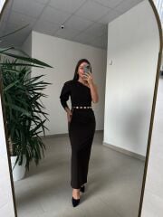 My 3828 Tek Omuz Kendinden Kemerli Kahve Elbise