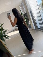 Sv 2902 Drapeli Maksiboy Siyah Şifon Elbise