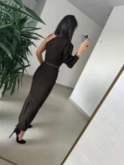My 3828 Tek Omuz Kendinden Kemerli Kahve Elbise