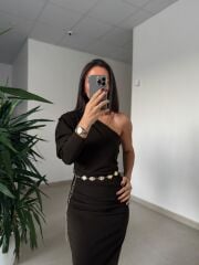 My 3828 Tek Omuz Kendinden Kemerli Kahve Elbise