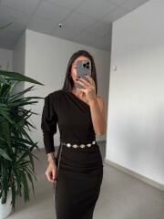 My 3828 Tek Omuz Kendinden Kemerli Kahve Elbise