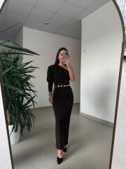 My 3828 Tek Omuz Kendinden Kemerli Kahve Elbise