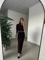 My 3828 Tek Omuz Kendinden Kemerli Kahve Elbise