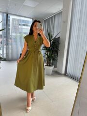 My 3440 Yağ Yeşili Kemerli Elbise