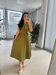 My 3440 Yağ Yeşili Kemerli Elbise