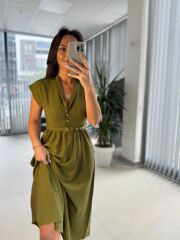 My 3440 Yağ Yeşili Kemerli Elbise