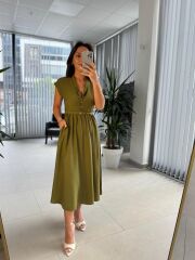 My 3440 Yağ Yeşili Kemerli Elbise