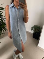 Spt 3453 Gömlek Yaka Çıt Çıtlı Denim Elbise