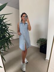 Spt 3453 Gömlek Yaka Çıt Çıtlı Denim Elbise