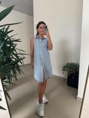 Spt 3453 Gömlek Yaka Çıt Çıtlı Denim Elbise