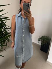 Spt 3453 Gömlek Yaka Çıt Çıtlı Denim Elbise