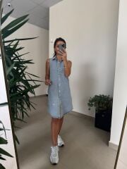 Spt 3453 Gömlek Yaka Çıt Çıtlı Denim Elbise