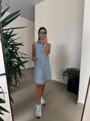 Spt 3453 Gömlek Yaka Çıt Çıtlı Denim Elbise