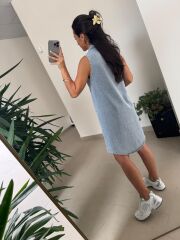 Spt 3453 Gömlek Yaka Çıt Çıtlı Denim Elbise