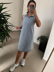 Spt 3453 Gömlek Yaka Çıt Çıtlı Denim Elbise