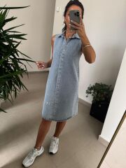 Spt 3453 Gömlek Yaka Çıt Çıtlı Denim Elbise