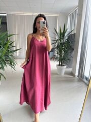 Fw 0456 İp Askılı Bordo Tensel Elbise