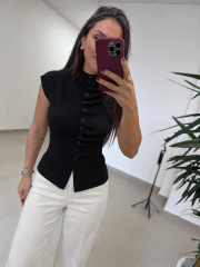Po 2701 Önü Düğme Elit İplik Siyah Kısa Kollu Triko