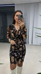 Mc Double Breasted Draped Black Floral Tulle Dress