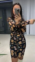 Mc Double Breasted Draped Black Floral Tulle Dress