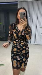 Mc Double Breasted Draped Black Floral Tulle Dress