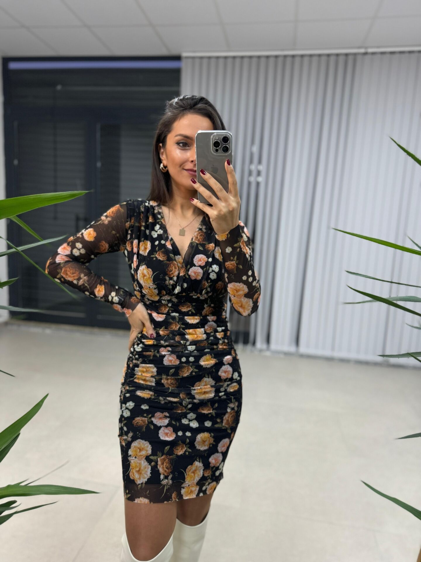 Mc Double Breasted Draped Black Floral Tulle Dress