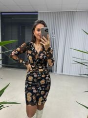 Mc 5931 Kruvaze Drapeli Siyah Çiçekli Tül Elbise