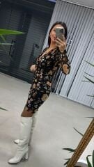 Mc Double Breasted Draped Black Floral Tulle Dress