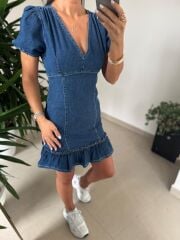 Np 338 Eteği Fırfır Detaylı Denim Elbise