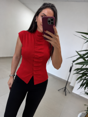 Po 2701 Önü Düğme Elit İplik Kırmızı Kısa Kollu Triko