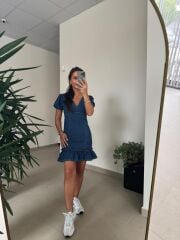 Np 338 Eteği Fırfır Detaylı Denim Elbise