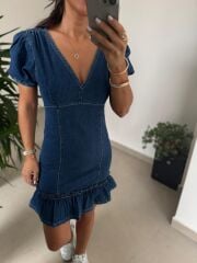 Np 338 Eteği Fırfır Detaylı Denim Elbise
