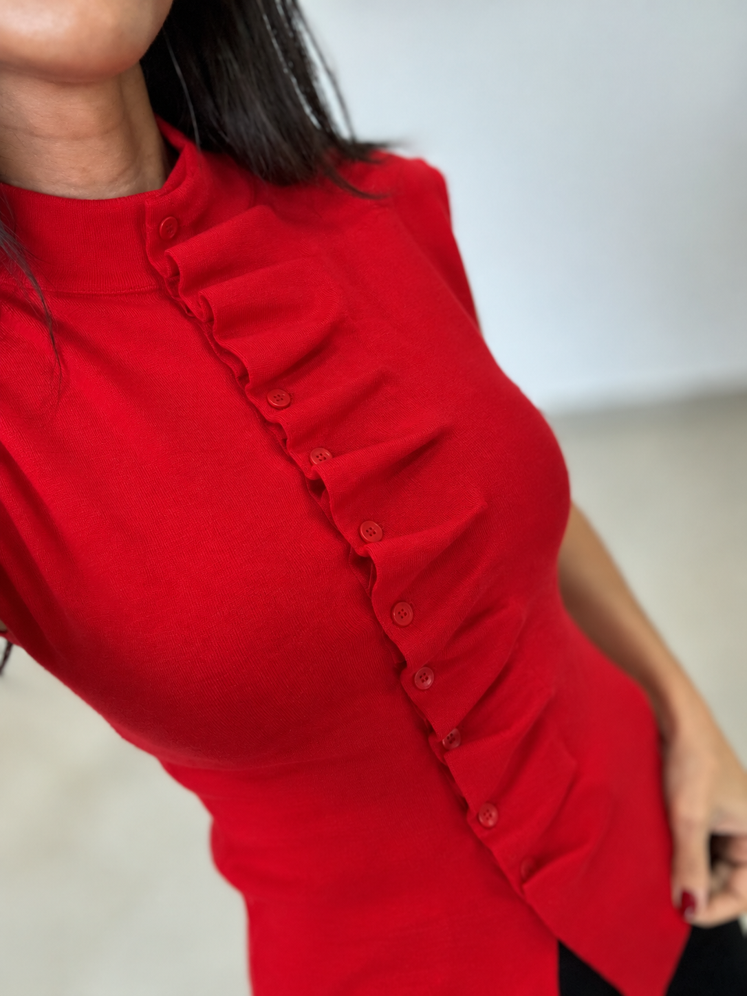 Po 2701 Önü Düğme Elit İplik Kırmızı Kısa Kollu Triko