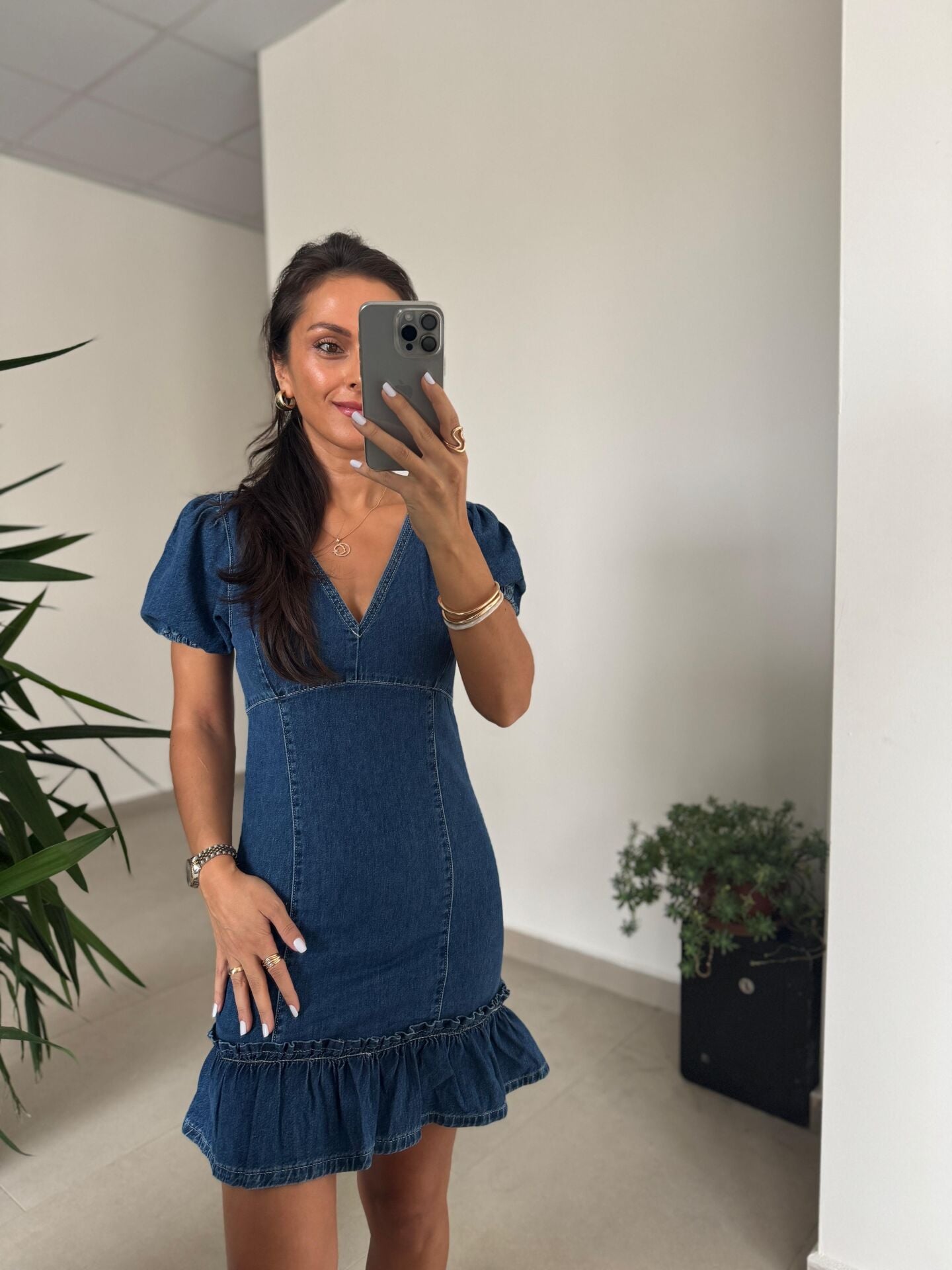 Np 338 Eteği Fırfır Detaylı Denim Elbise