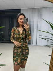 Mc 5931 Kruvaze Drapeli Yeşil Çiçekli Tül Elbise