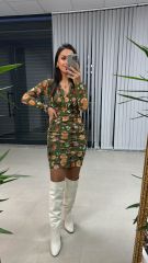 Mc 5931 Kruvaze Drapeli Yeşil Çiçekli Tül Elbise