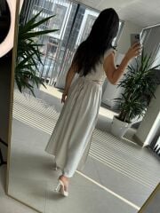 Bb 30003 Bel Dekolteli Natürel Keten Elbise