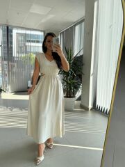 Bb 30003 Bel Dekolteli Natürel Keten Elbise