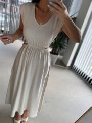 Bb 30003 Bel Dekolteli Natürel Keten Elbise