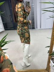 Mc 5931 Kruvaze Drapeli Yeşil Çiçekli Tül Elbise