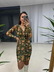 Mc Double Breasted Draped Green Floral Tulle Dress