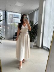 Bb 30003 Bel Dekolteli Natürel Keten Elbise