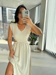 Bb 30003 Bel Dekolteli Natürel Keten Elbise