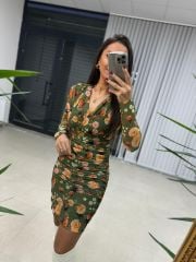 Mc 5931 Kruvaze Drapeli Yeşil Çiçekli Tül Elbise