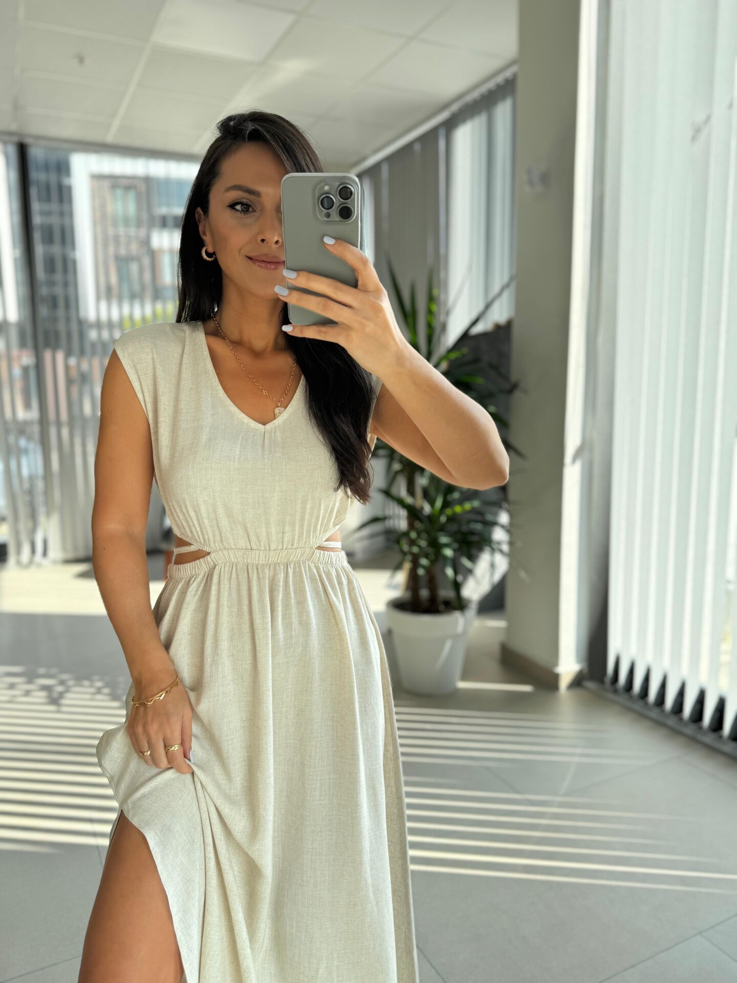 Bb 30003 Bel Dekolteli Natürel Keten Elbise