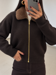Po 2557 Peluş Yaka Triko Kahve Hırka