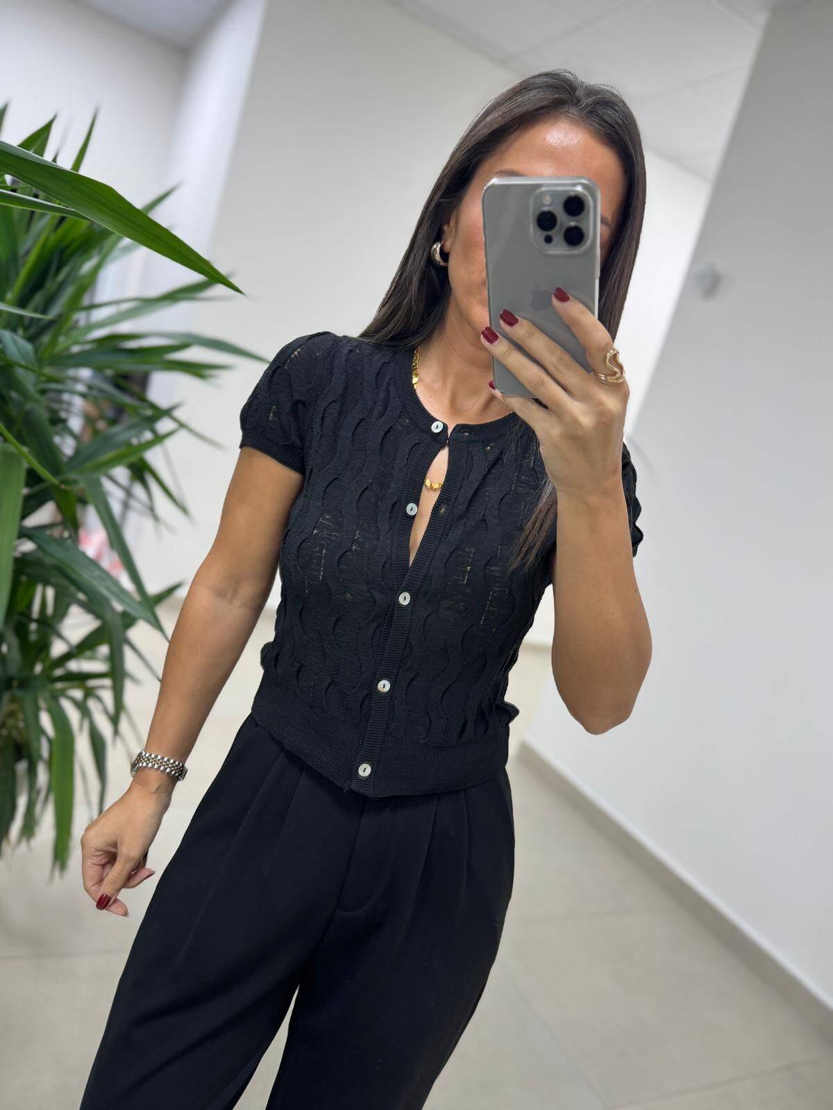 Dv 60980 Sedef Düğmeli Siyah Kısa Kollu Hırka