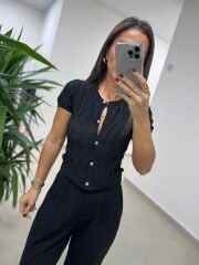 Dv 60980 Sedef Düğmeli Siyah Kısa Kollu Hırka