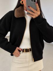 Po 2557 Peluş Yaka Triko Siyah Hırka
